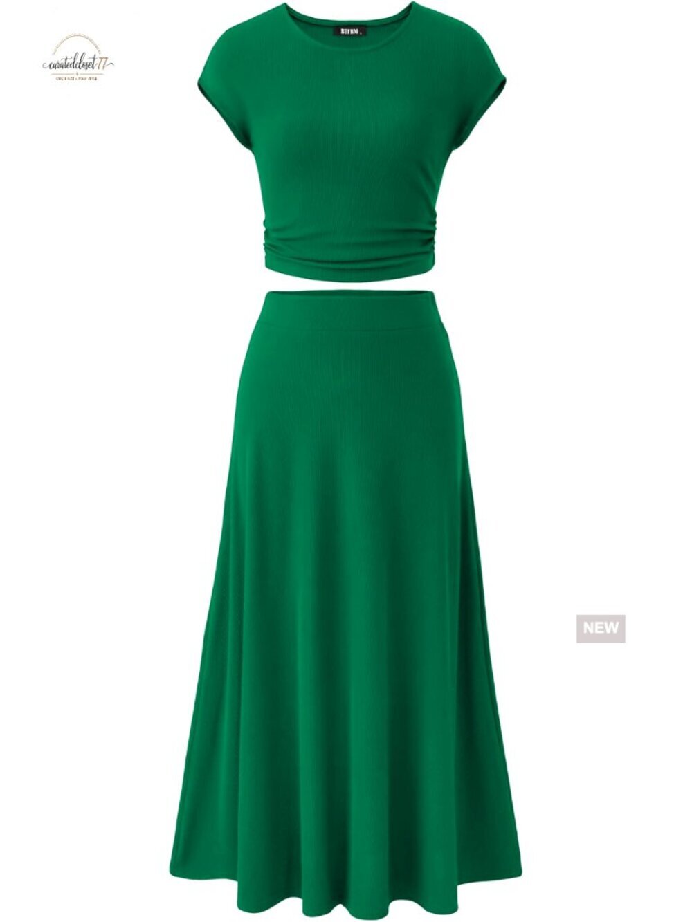 Large Ribbed Knit Two-Piece Set Cropped Top Midi Skirt Lounge Outfit